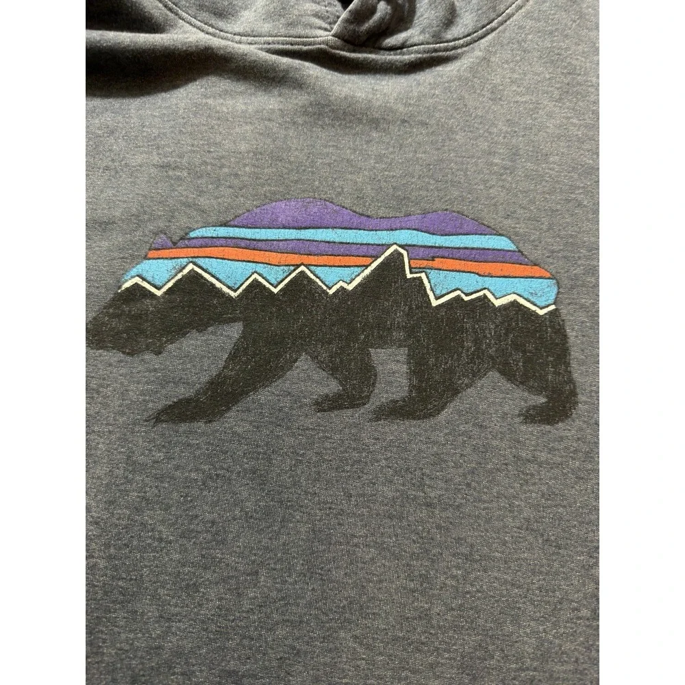 Patagonia L Large Fitz Roy Bear Hoody Sweatshirt Blue Mens Hoodie